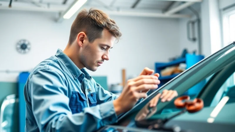 Expert auto glass replacement service technician replacing windshield in modern garage