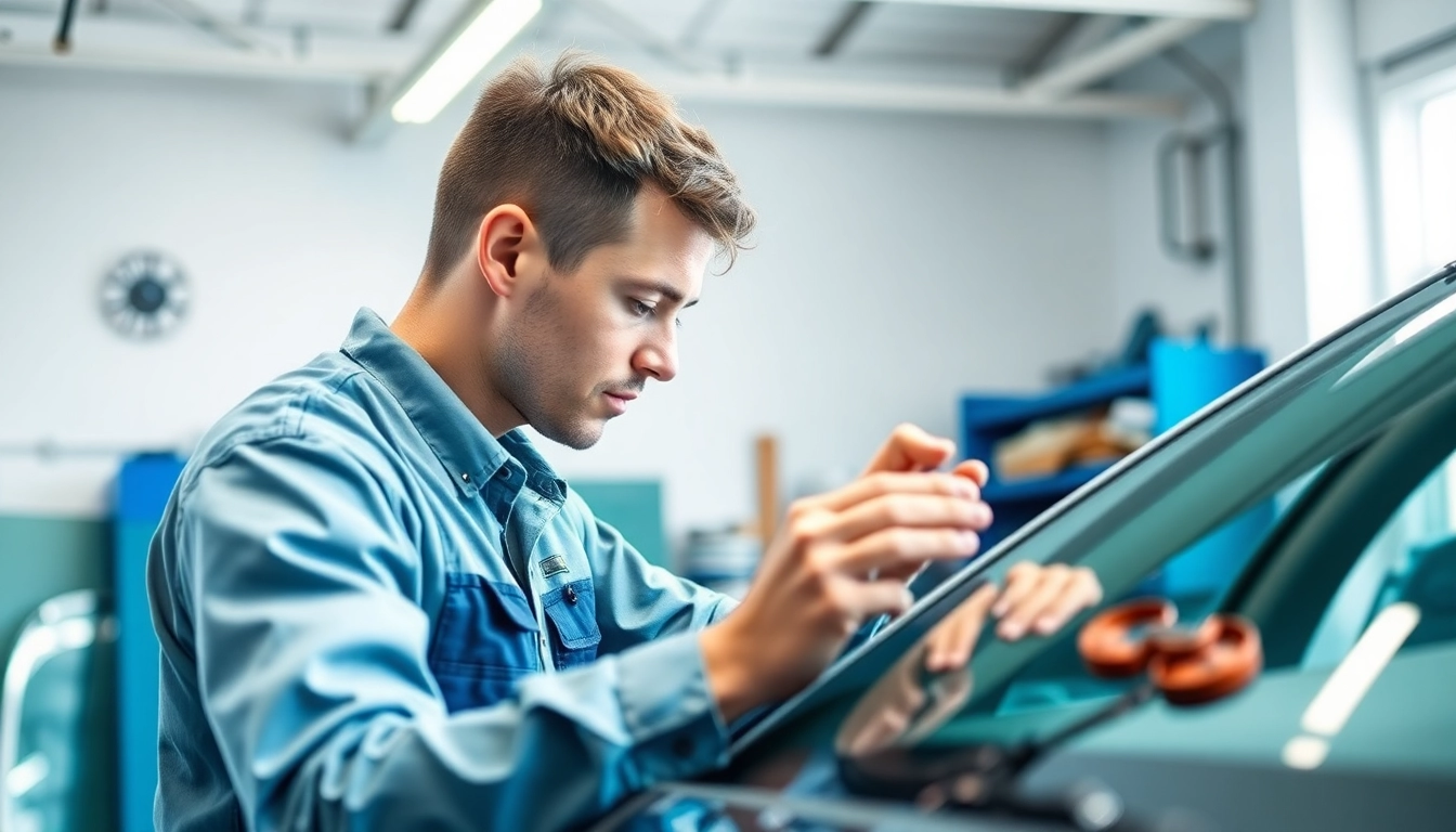 Expert auto glass replacement service technician replacing windshield in modern garage