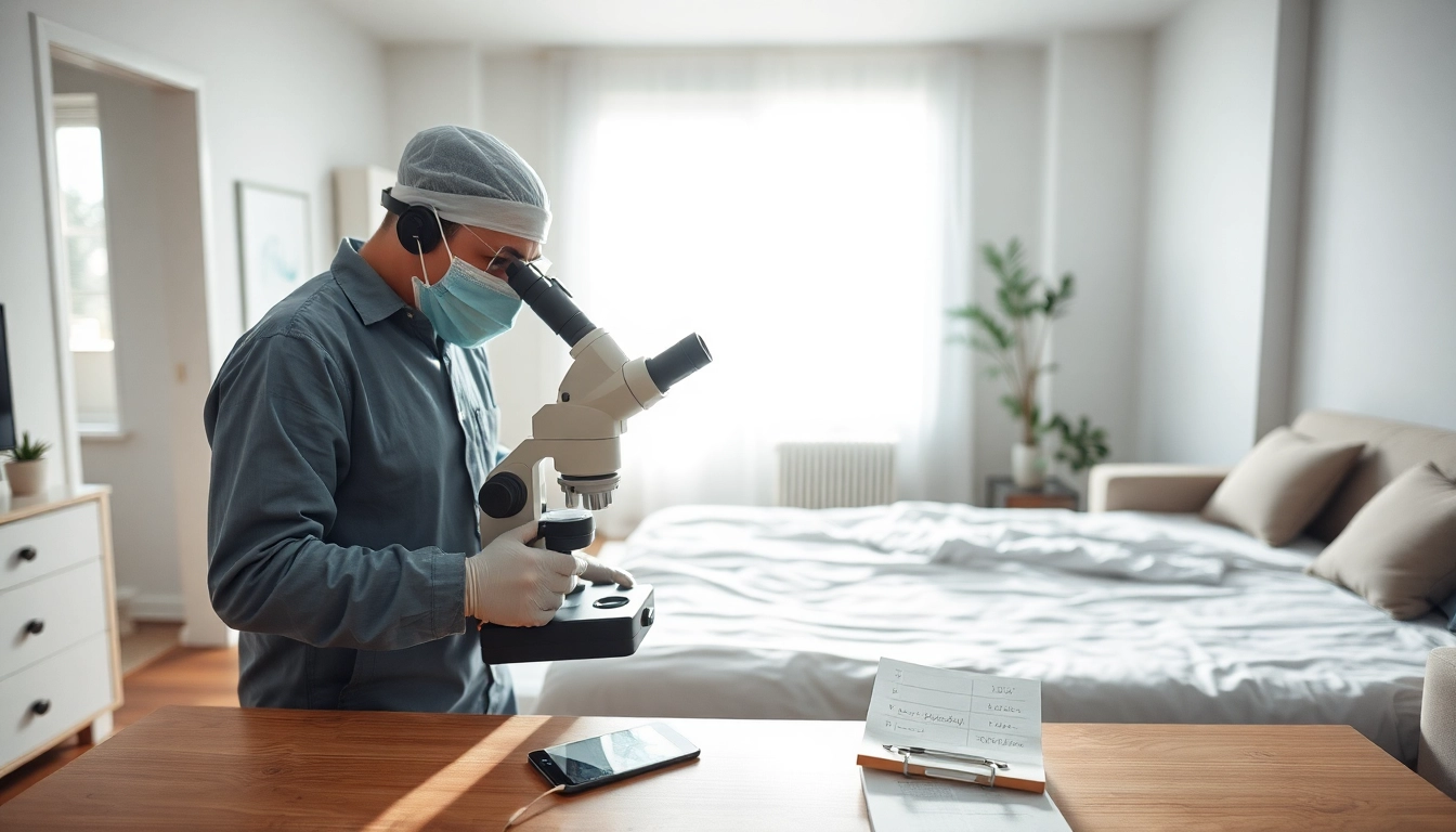 Bed bug exterminator inspecting a bed in a modern apartment with professional tools, ensuring thorough treatment.