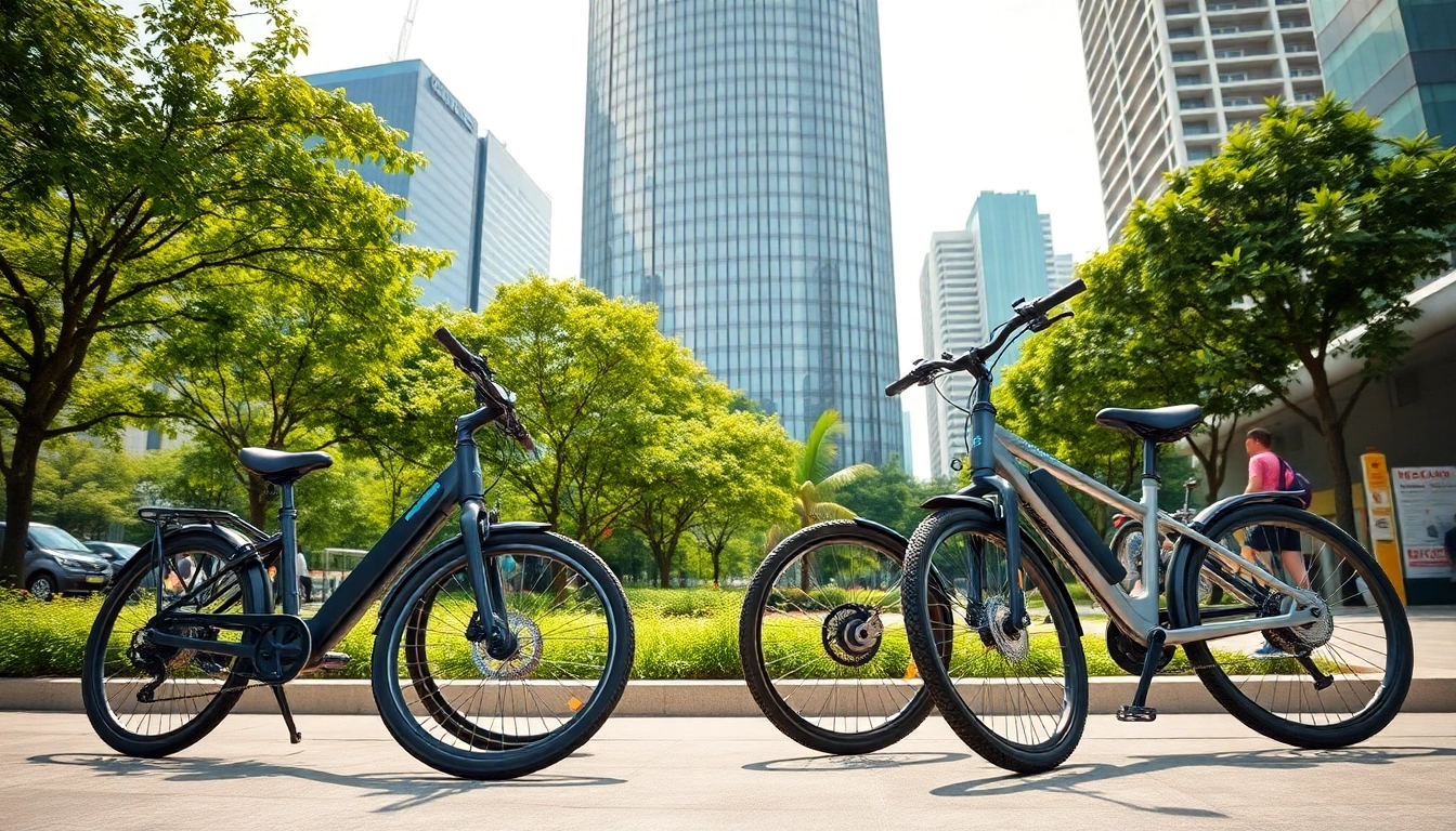Showcasing ebike Singapore in an urban setting with modern electric bicycles against city landmarks.
