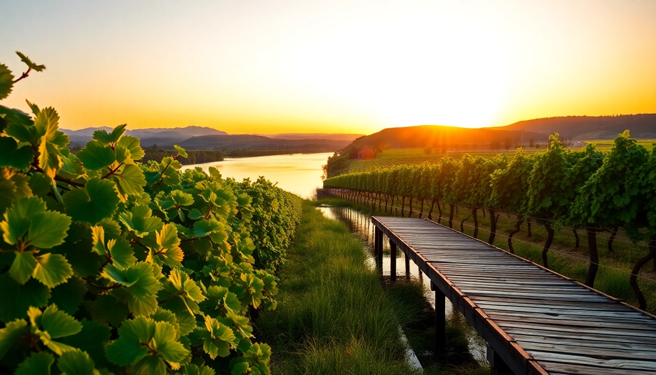 Scenic view of Carksburg ca vineyards along the Sacramento River at sunset.