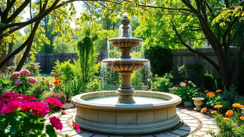 Gartenbrunnen mit elegantem Steinwork umgeben von Blumen in einem ruhigen Garten.