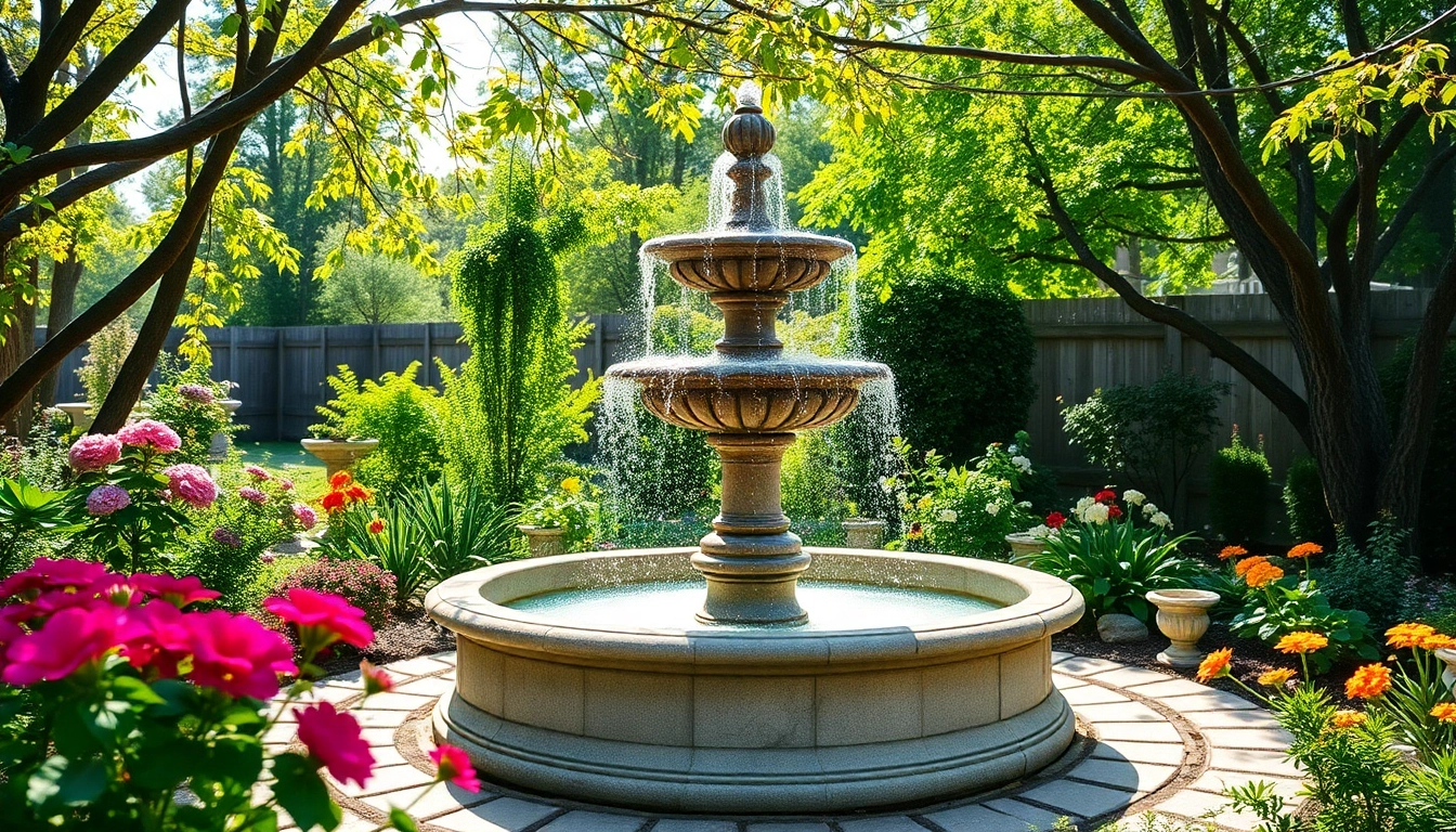 Gartenbrunnen mit elegantem Steinwork umgeben von Blumen in einem ruhigen Garten.
