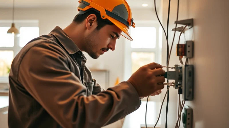 Electrician installing wiring in a modern kitchen, showcasing expertise and attention to detail.