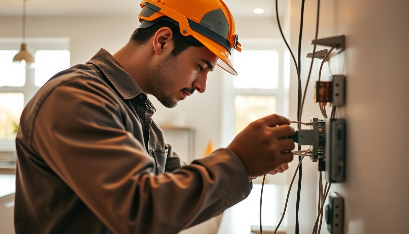 Electrician installing wiring in a modern kitchen, showcasing expertise and attention to detail.