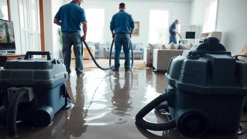 Technicians performing Water Damage Restoration in a flooded home, featuring professional equipment and furniture removal.