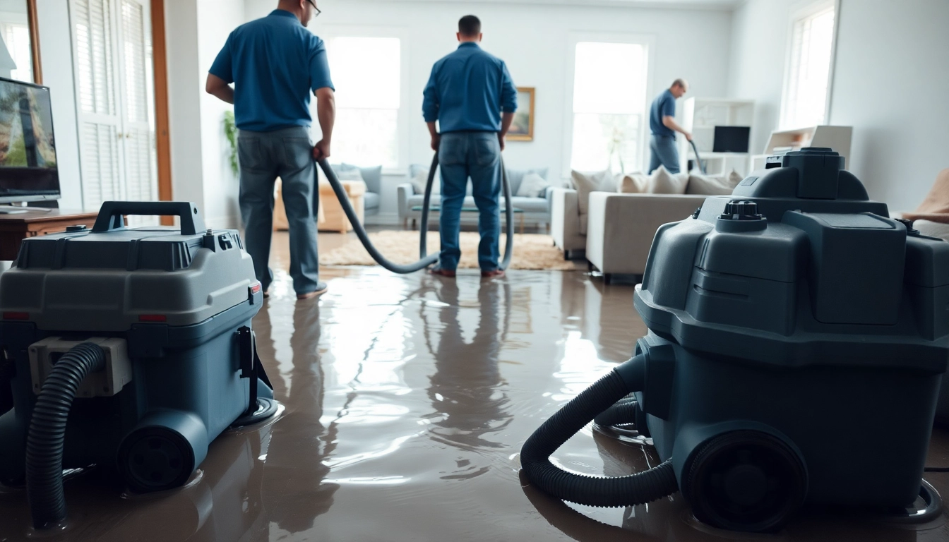 Technicians performing Water Damage Restoration in a flooded home, featuring professional equipment and furniture removal.