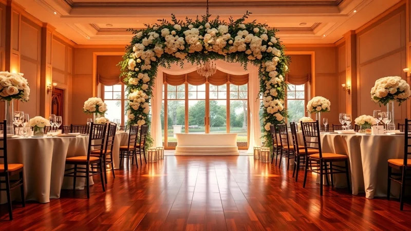 Stunning wedding setup at le prestige hall with elegant arch and ambient lighting.