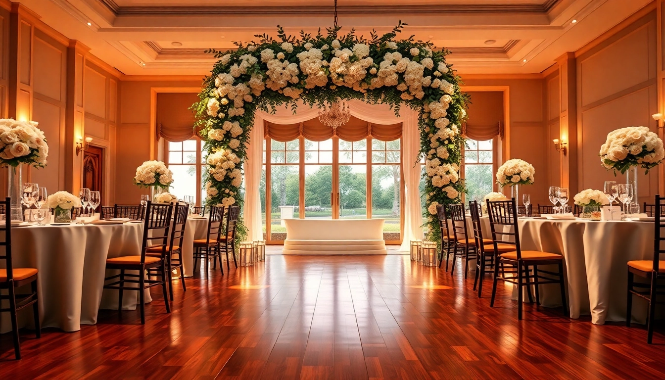 Stunning wedding setup at le prestige hall with elegant arch and ambient lighting.