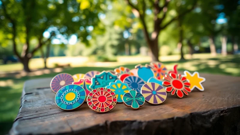 Showcasing soft enamel pins in unique designs on a rustic wooden table with a vibrant outdoor backdrop.