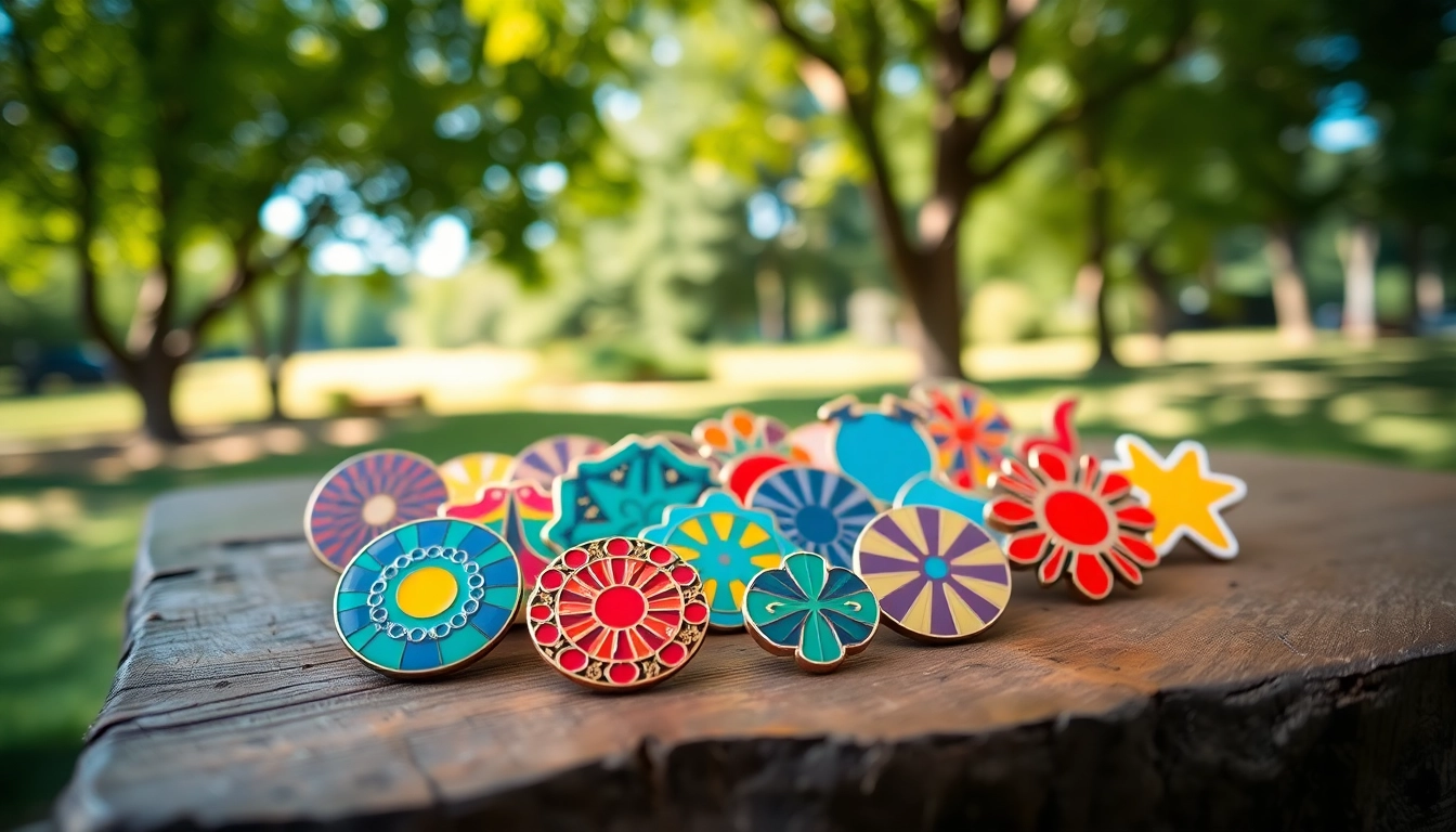 Showcasing soft enamel pins in unique designs on a rustic wooden table with a vibrant outdoor backdrop.