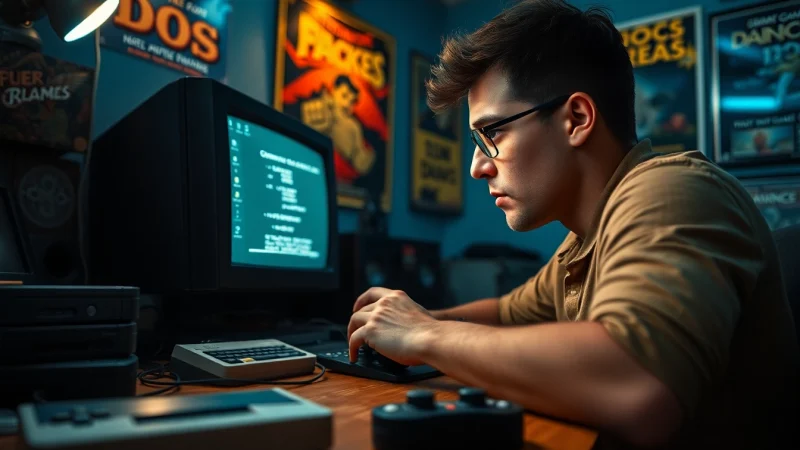 Engaging scene showing gamer immersed while play dos games in a nostalgic setting.