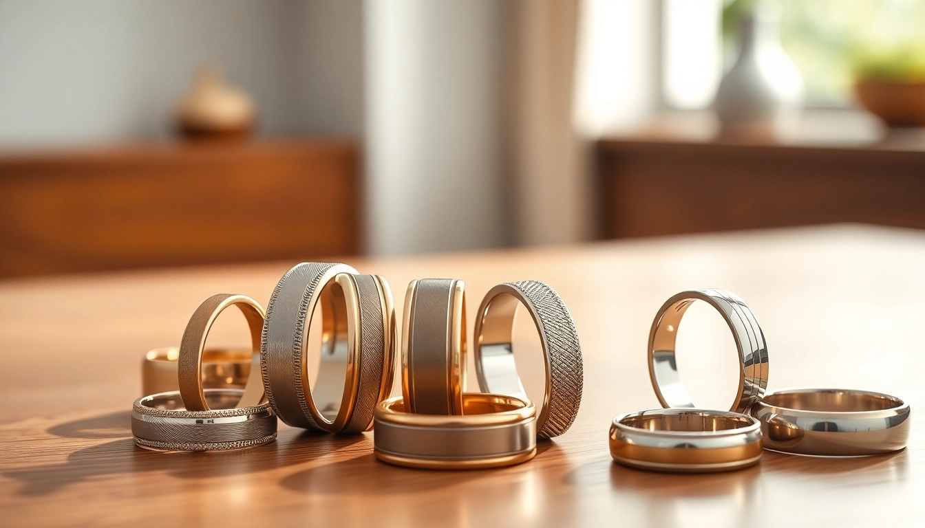 Showcasing wedding bands for men in a refined jewelry display with elegant textures.