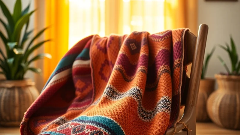 Decorative Mexican Blanket displaying colorful patterns on a rustic chair in a cozy setting.