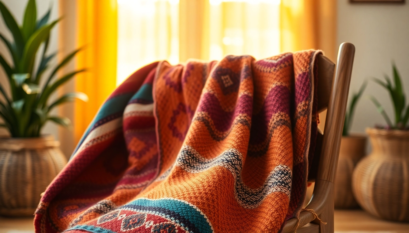Decorative Mexican Blanket displaying colorful patterns on a rustic chair in a cozy setting.