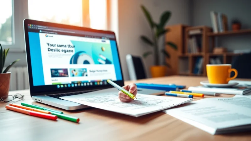 Capture the essence of website design with a designer sketching ideas in a bright workspace.