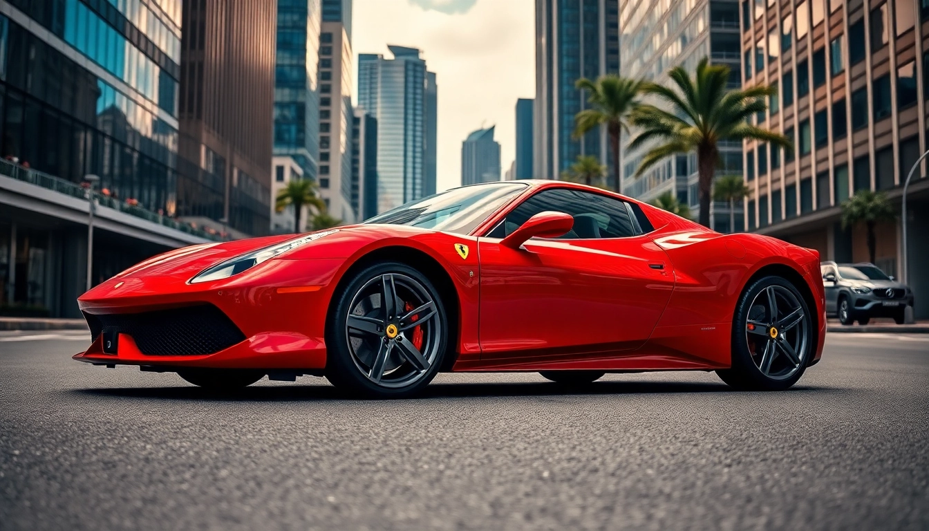Showcasing a luxurious Ferrari for sale Johannesburg against a vibrant city backdrop.