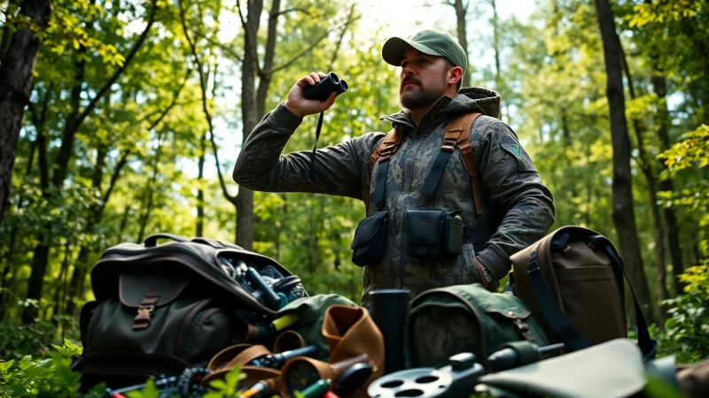 Discover wholesale hunting gear essentials in a forest setting with an outdoor enthusiast preparing for adventure.
