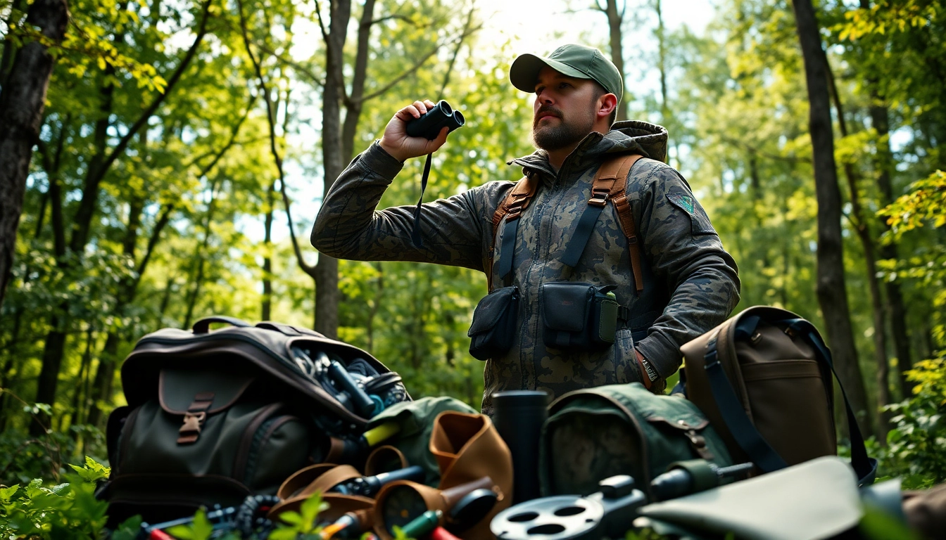 Discover wholesale hunting gear essentials in a forest setting with an outdoor enthusiast preparing for adventure.