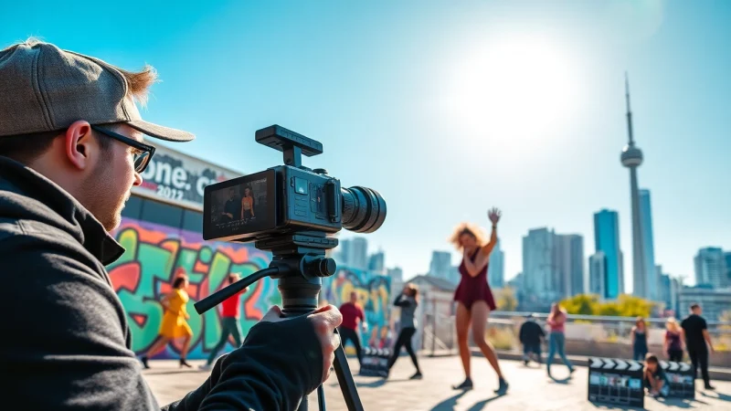 Capture a creative video shoot in Toronto showcasing vibrant street art and a dynamic videographer.