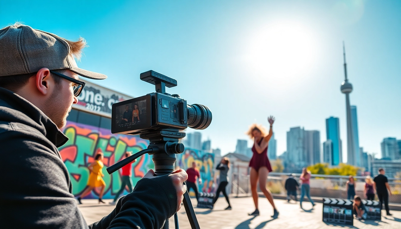Capture a creative video shoot in Toronto showcasing vibrant street art and a dynamic videographer.