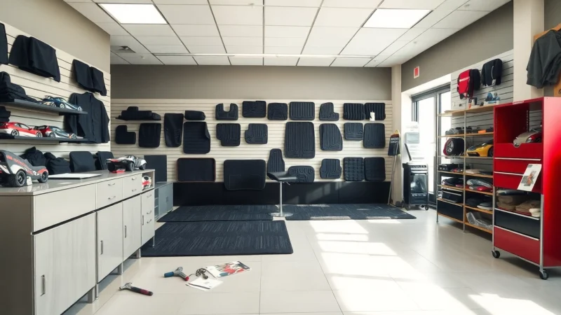 Hochwertige fussmatten für auto in verschiedenen Farben und Designs im modernen Showroom.