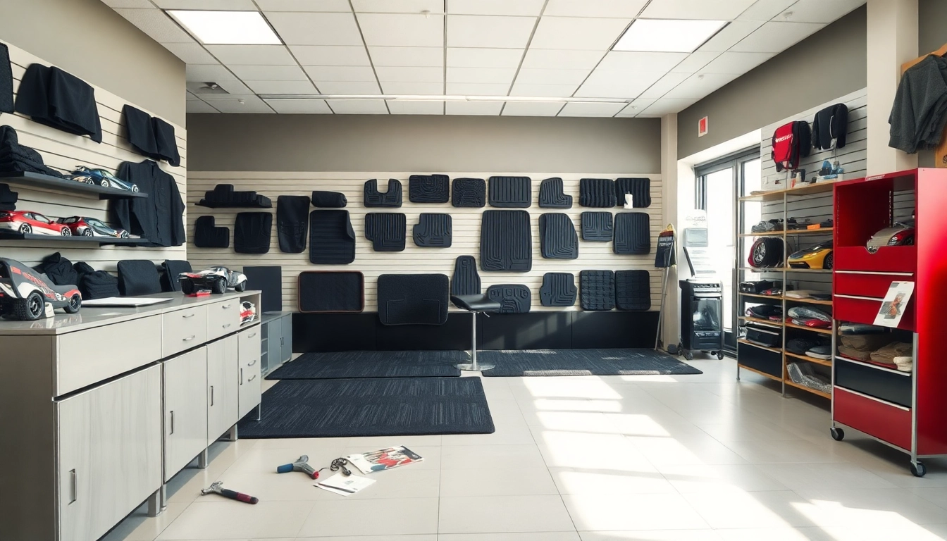 Hochwertige fussmatten für auto in verschiedenen Farben und Designs im modernen Showroom.