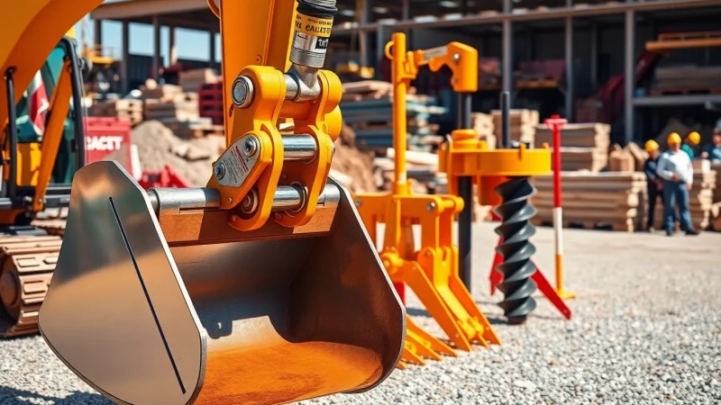 Showcase of excavator attachments in action on a vibrant construction site