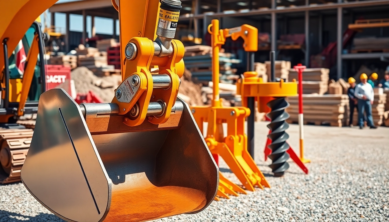 Showcase of excavator attachments in action on a vibrant construction site