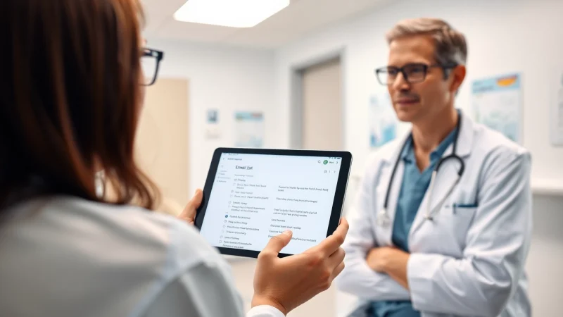 View the oncology email list displayed by a professional oncologist in a bright hospital setting.