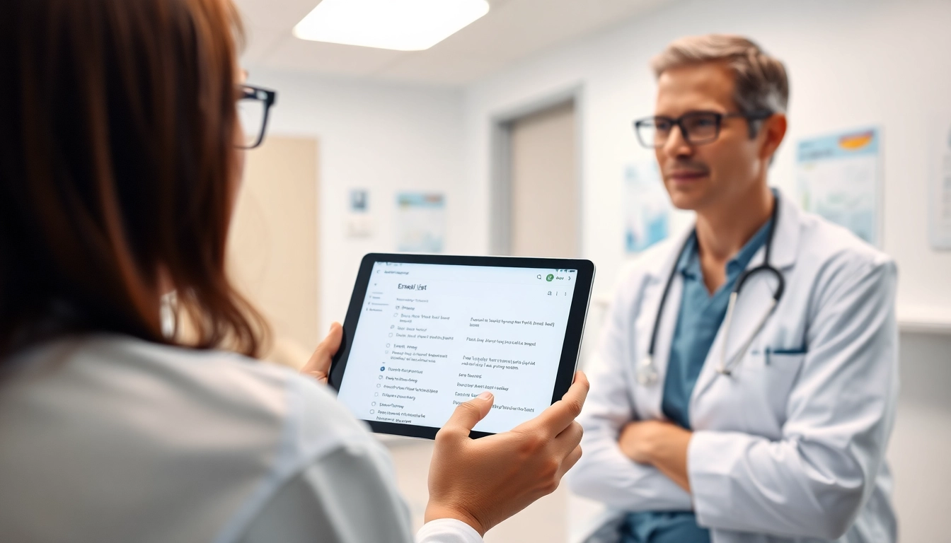 View the oncology email list displayed by a professional oncologist in a bright hospital setting.