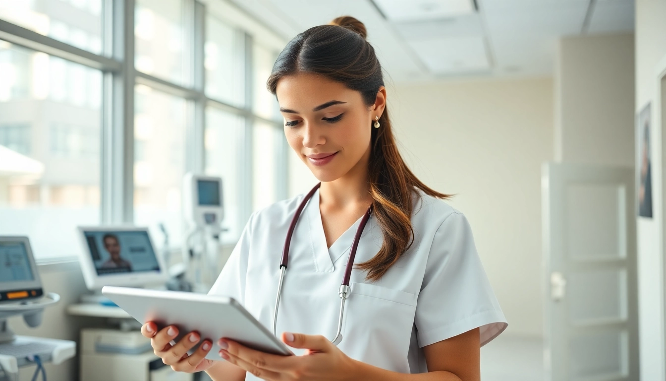 Nurse reviewing nursing ceus online in a bright hospital environment with focus and determination.