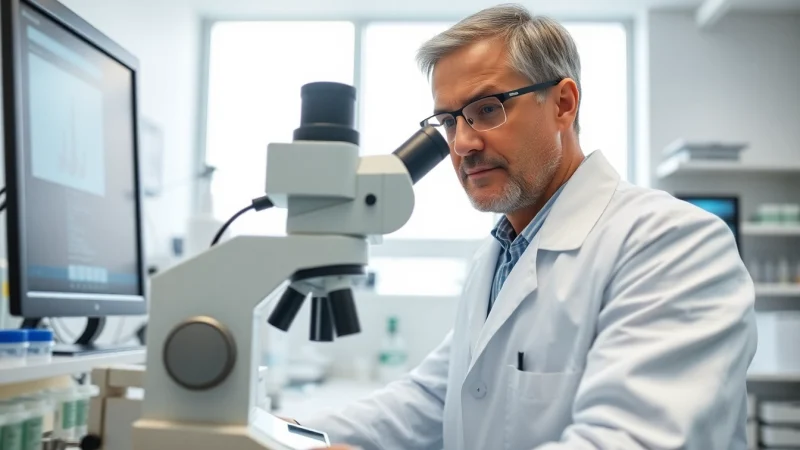 Analyze pathologist email list in a modern laboratory setting with a focused pathologist examining samples.