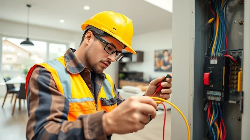 Professional electrician conducting an Electrical Panel Upgrade, demonstrating expertise in a bright home.