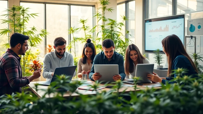 Cannabis marketing agency team brainstorming in a modern, green office environment.