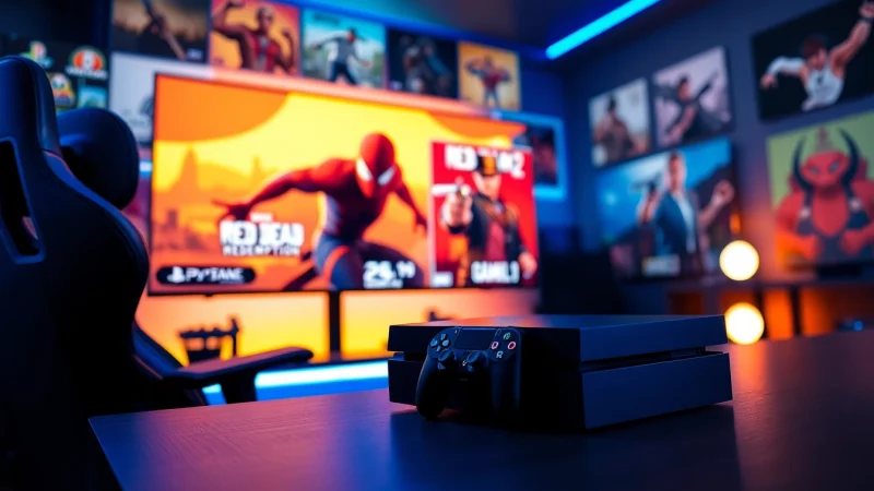 Featuring popular ps4 games, a dynamic gaming setup with PlayStation 4 console and vibrant lighting.