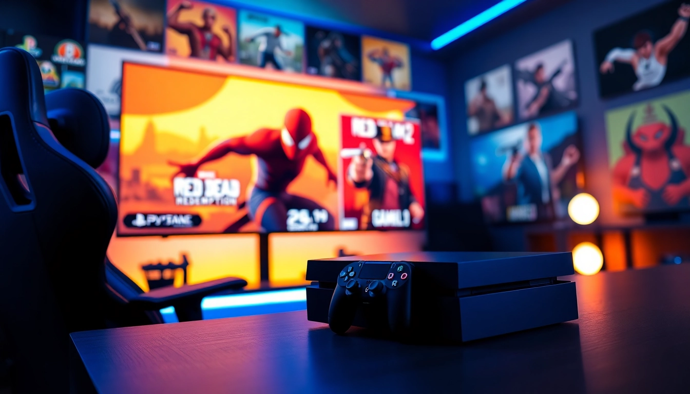 Featuring popular ps4 games, a dynamic gaming setup with PlayStation 4 console and vibrant lighting.