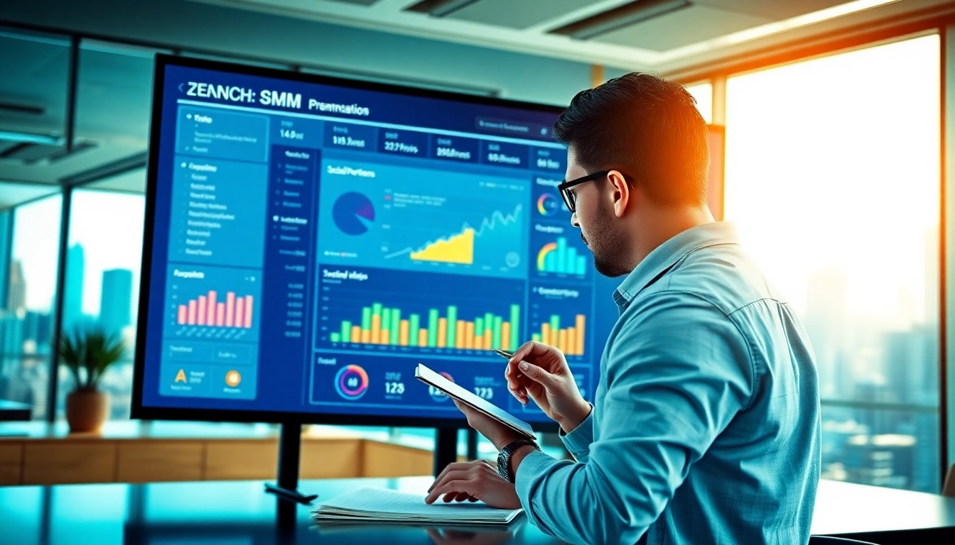 Analyze growth metrics using an advanced smm panel dashboard in a modern office.