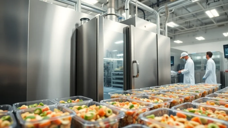 View of an industrial freeze dryer showcasing its sleek design and operational setup in a modern lab environment.