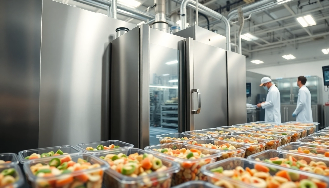 View of an industrial freeze dryer showcasing its sleek design and operational setup in a modern lab environment.