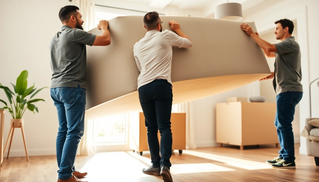 Movers calgary lifting furniture with care in a bright modern home setting