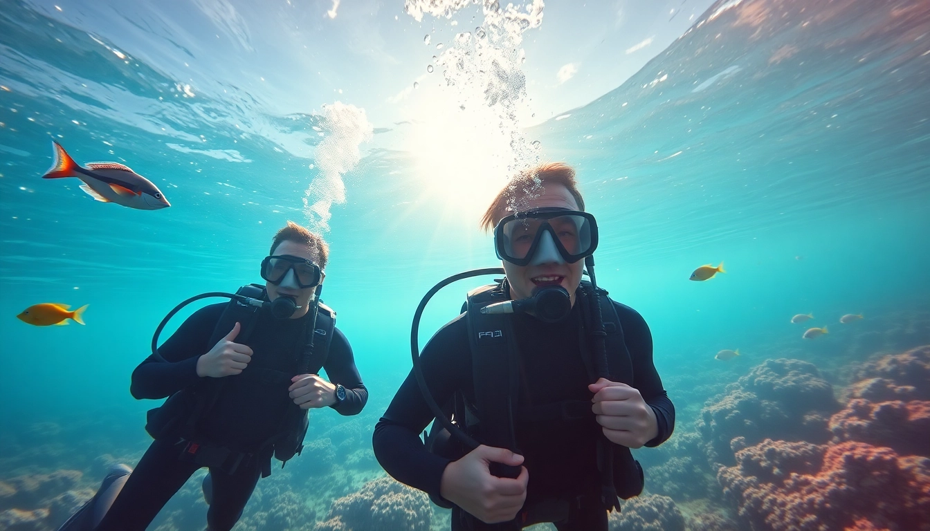 Padi Diving action with scuba divers exploring vibrant coral reefs and tropical marine life.