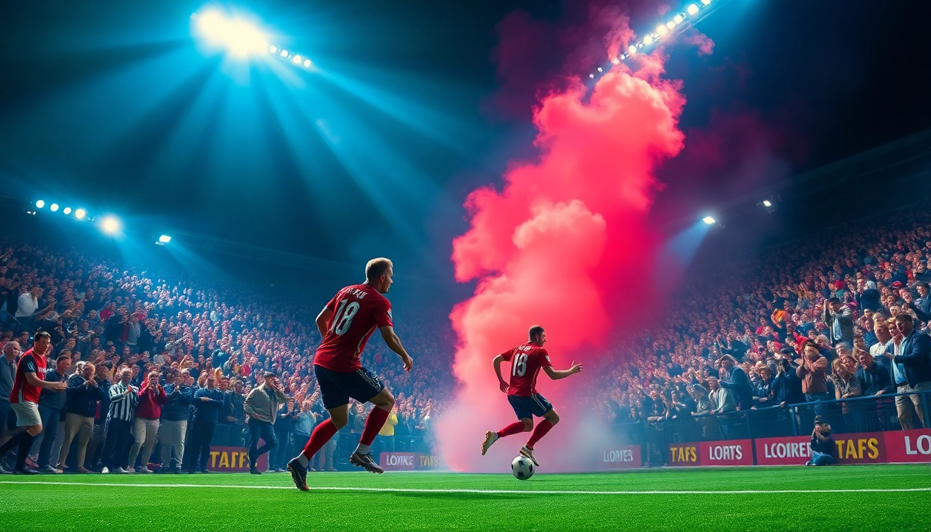 Capture the thrilling atmosphere of a live football match showcasing OK99's sports betting options.