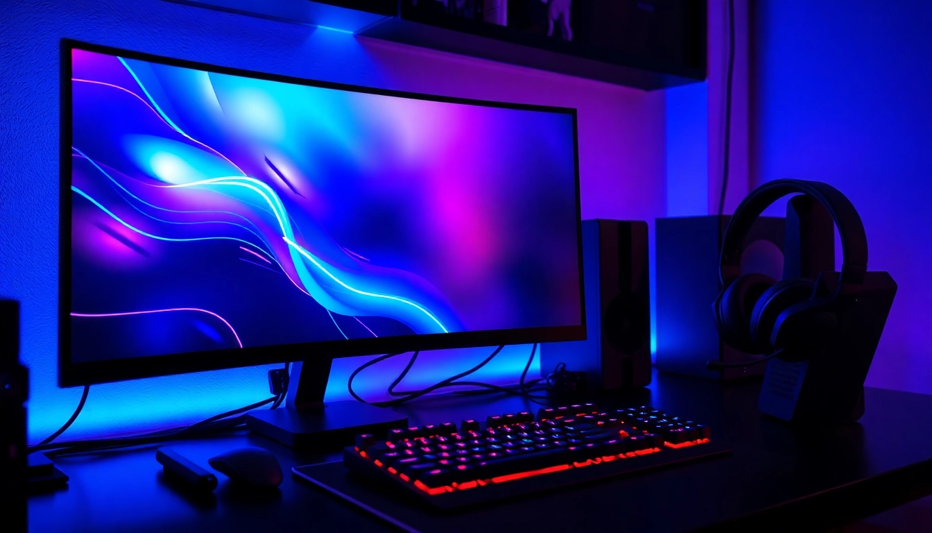 Show a dynamic gaming setup with OK9 branding, featuring high-end gear and vibrant blue lighting.