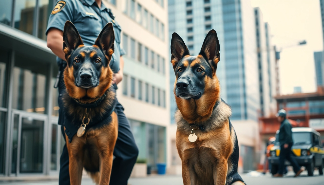 Enhance your security with professional Security Dog Services Cardiff showcased by a vigilant German Shepherd and guard.