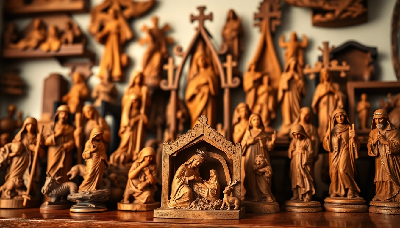 Admire olive wood carvings of exquisite religious figures, emphasizing craftsmanship and spiritual significance.