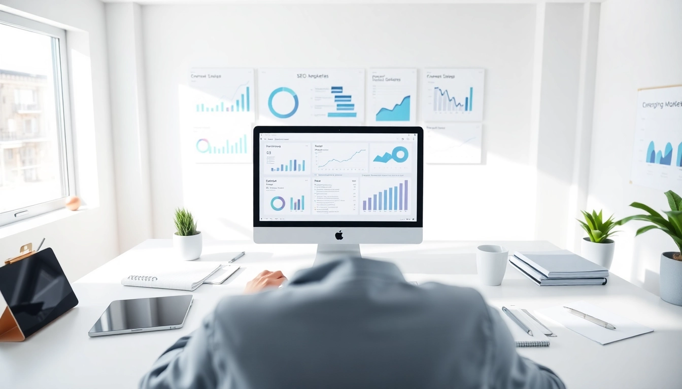 Analyze data for search optimization company in a bright, modern office environment.