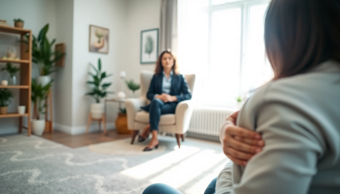 Addressing anxiety in a soothing therapy room with a psychologist helping a patient.