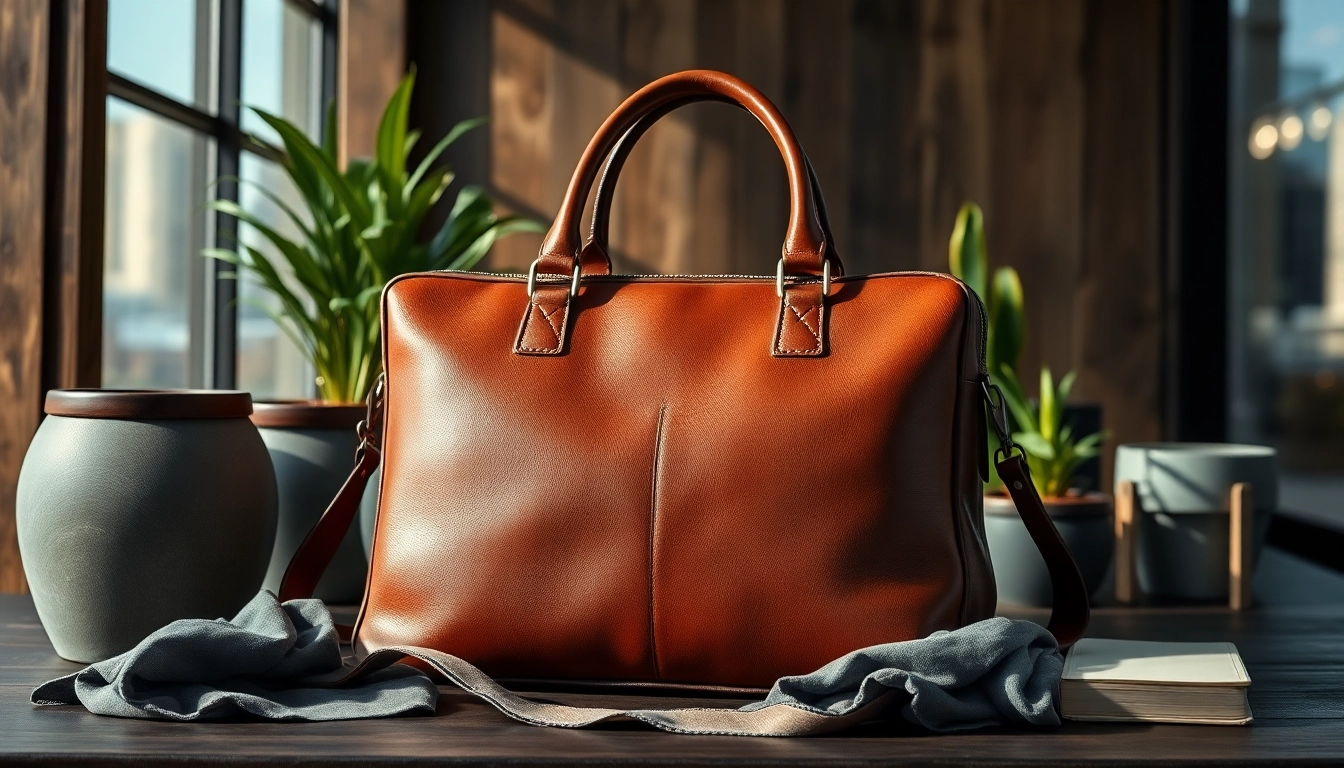 Showcasing a premium leather bag with intricate details in a stylish urban environment.