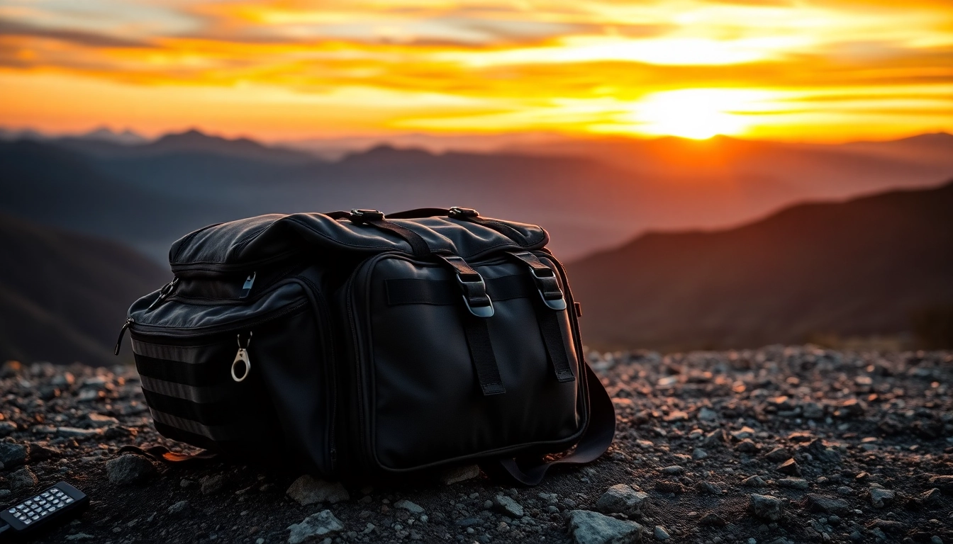 Adventure motorcycle luggage showcasing rugged features against a dramatic landscape backdrop.